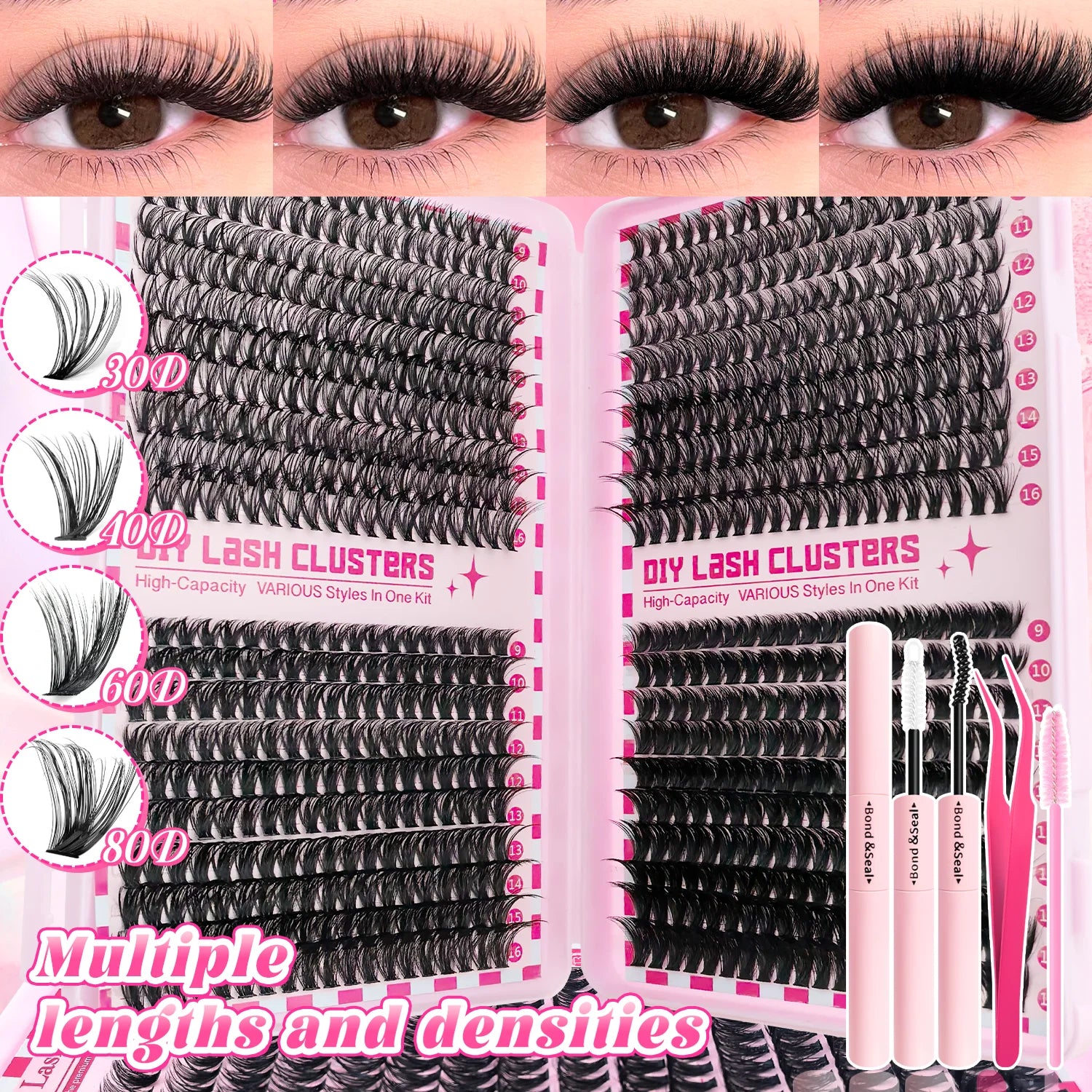 Luxury DIY Lash Cluster Kit – Waterproof Long-Lasting Eyelash Extension Set with Bond & Seal, Lash Remover and Precision Tweezers