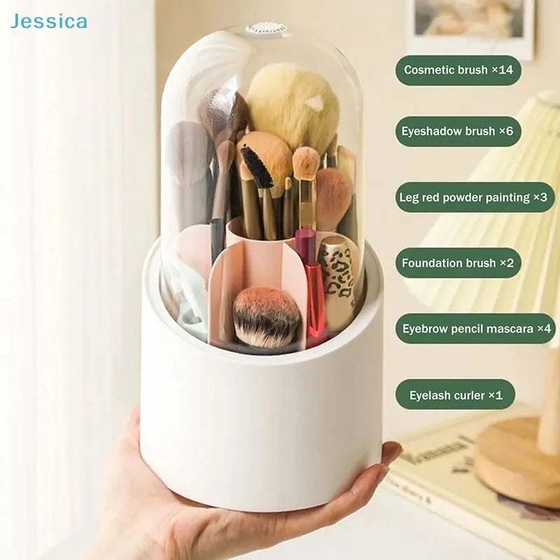 360° Rotating Makeup Brush Organizer with Lid – Clear Acrylic Dustproof Storage Box for Brushes, Lipsticks & Vanity Essentials