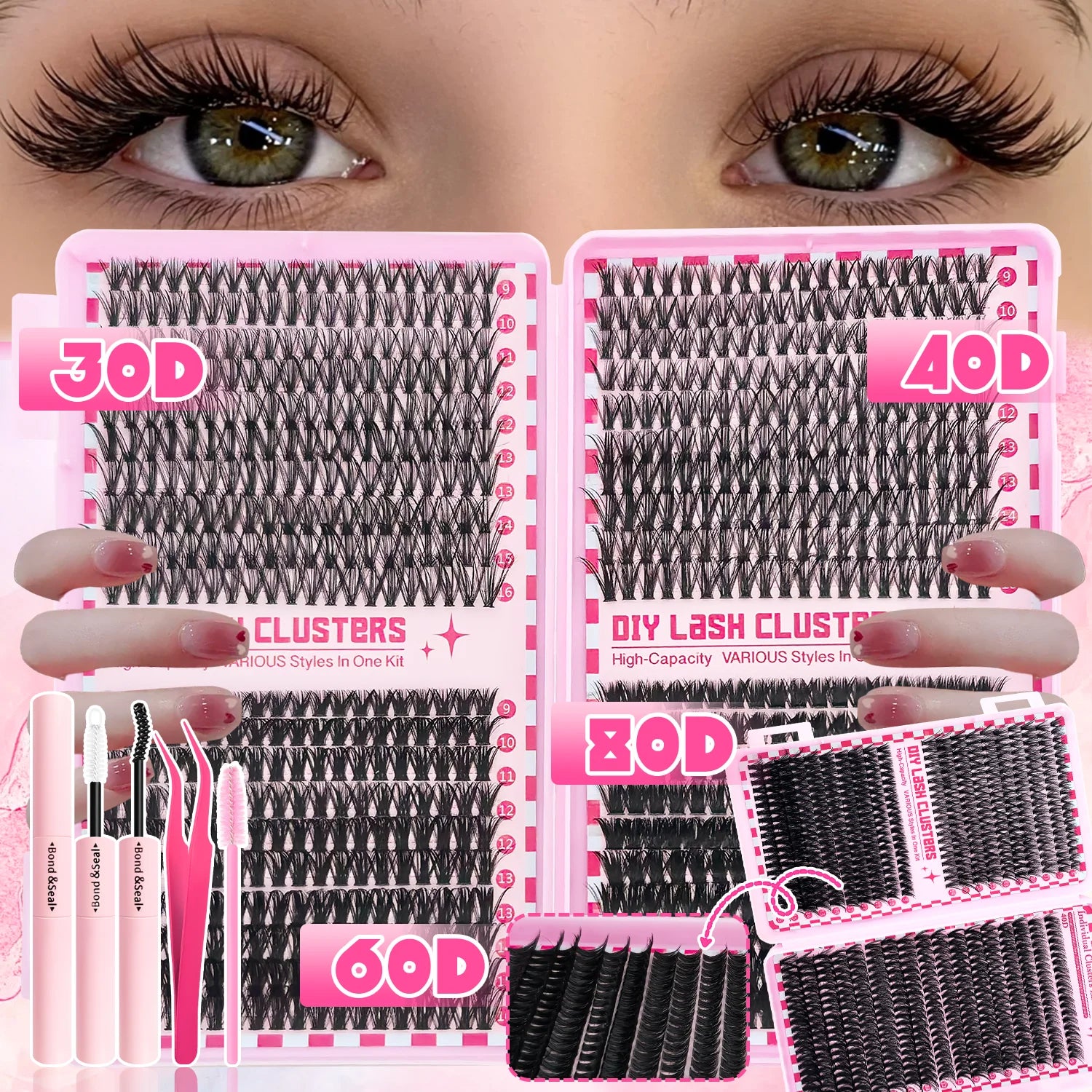 Luxury DIY Lash Cluster Kit – Waterproof Long-Lasting Eyelash Extension Set with Bond & Seal, Lash Remover and Precision Tweezers