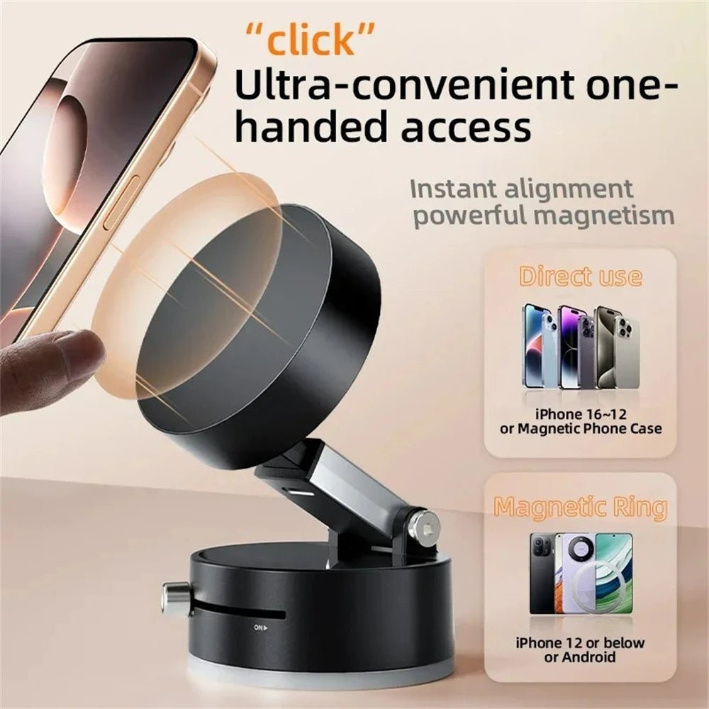Strong Magnetic Vacuum Phone Mount – Retractable 360° Rotating Car Phone Holder with Powerful Suction Cup for All Smartphones