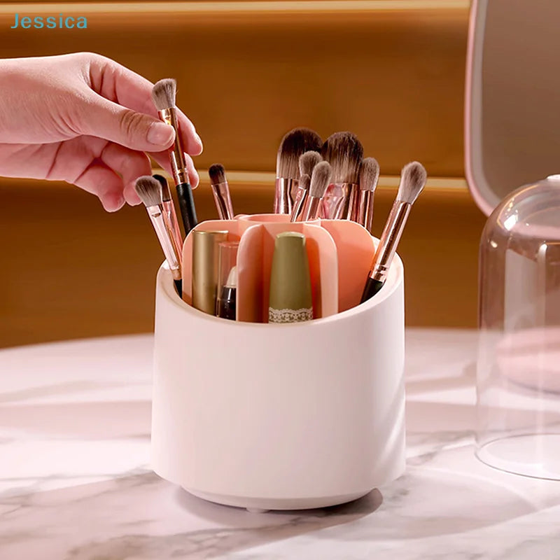 360° Rotating Makeup Brush Organizer with Lid – Clear Acrylic Dustproof Storage Box for Brushes, Lipsticks & Vanity Essentials
