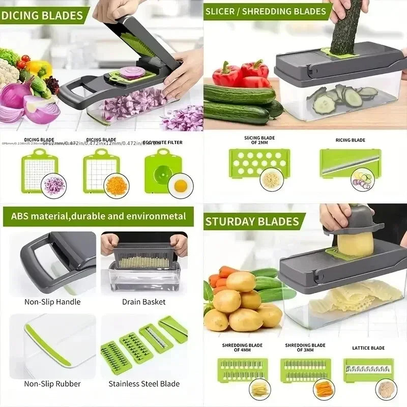 16-in-1 Multifunctional Vegetable Cutter & Chopper – Fruit Slicer, Vegetable Dicer, Onion Chopper, Shredder & Cheese Grater