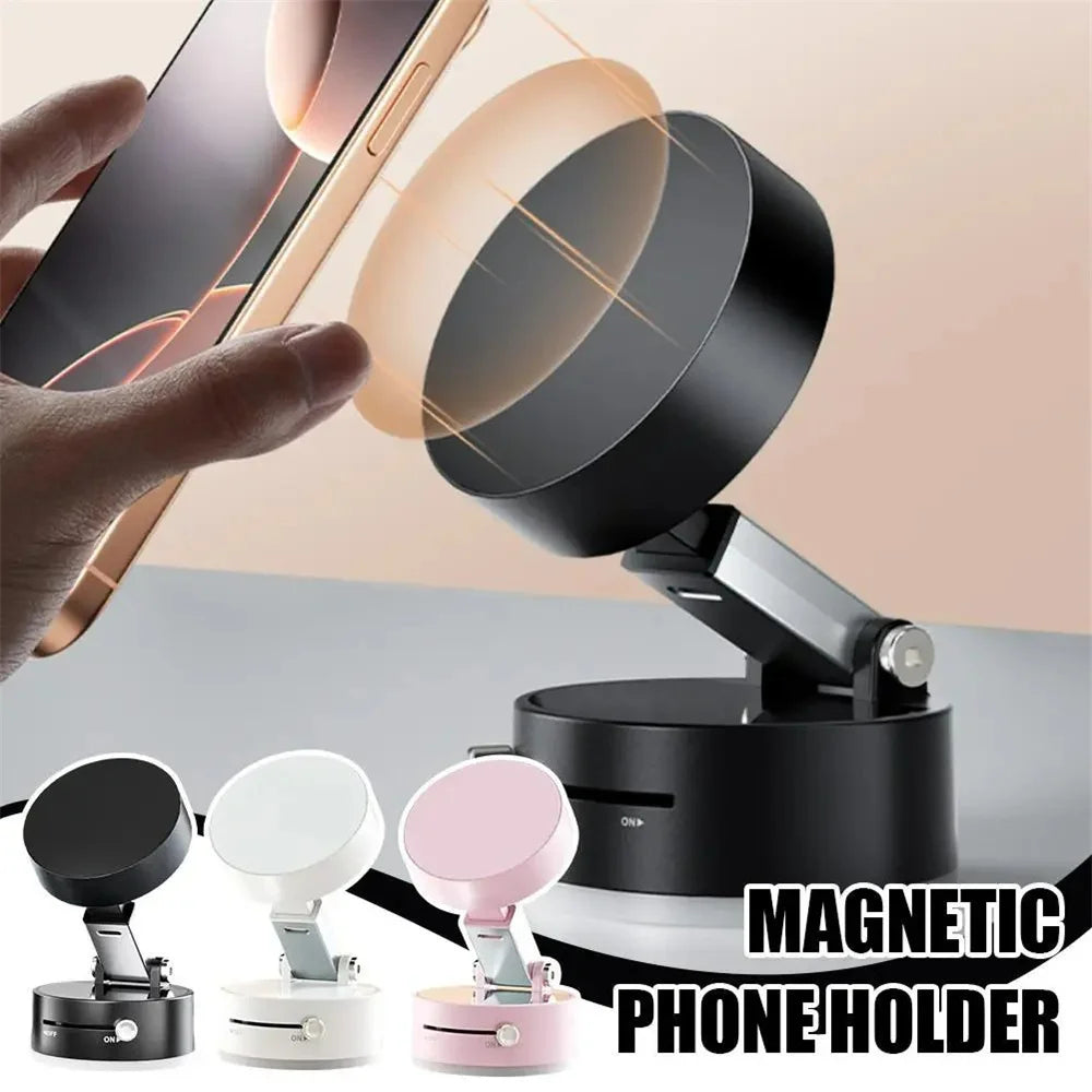 Strong Magnetic Vacuum Phone Mount – Retractable 360° Rotating Car Phone Holder with Powerful Suction Cup for All Smartphones