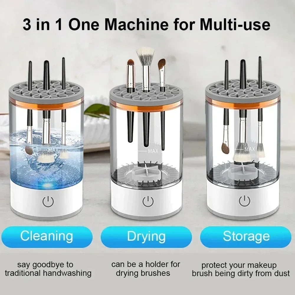 3-in-1 Electric Makeup Brush Cleaner – Automatic USB Rechargeable Brush Washer & Dryer with Fast Spin Technology, Cleaning Stand & Drying Rack