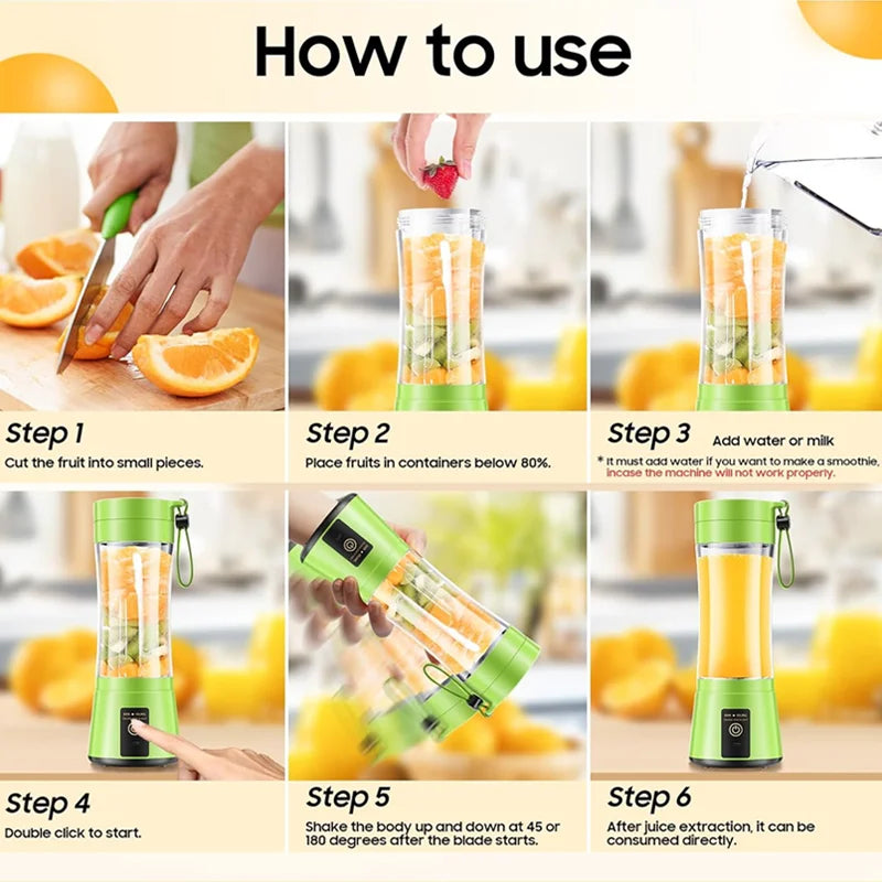 Portable Electric Juicer Blender – USB Rechargeable 380ML Smoothie Maker with 6 Stainless Steel Blades