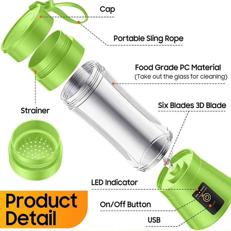 Portable Electric Juicer Blender – USB Rechargeable 380ML Smoothie Maker with 6 Stainless Steel Blades