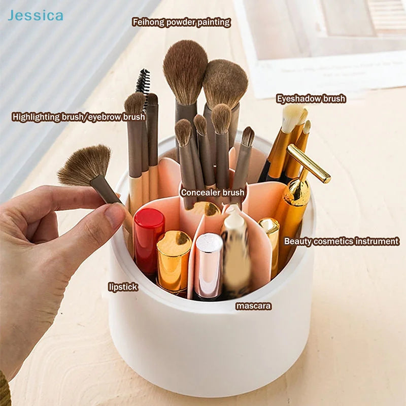 360° Rotating Makeup Brush Organizer with Lid – Clear Acrylic Dustproof Storage Box for Brushes, Lipsticks & Vanity Essentials