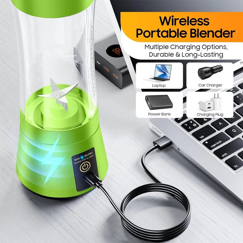Portable Electric Juicer Blender – USB Rechargeable 380ML Smoothie Maker with 6 Stainless Steel Blades